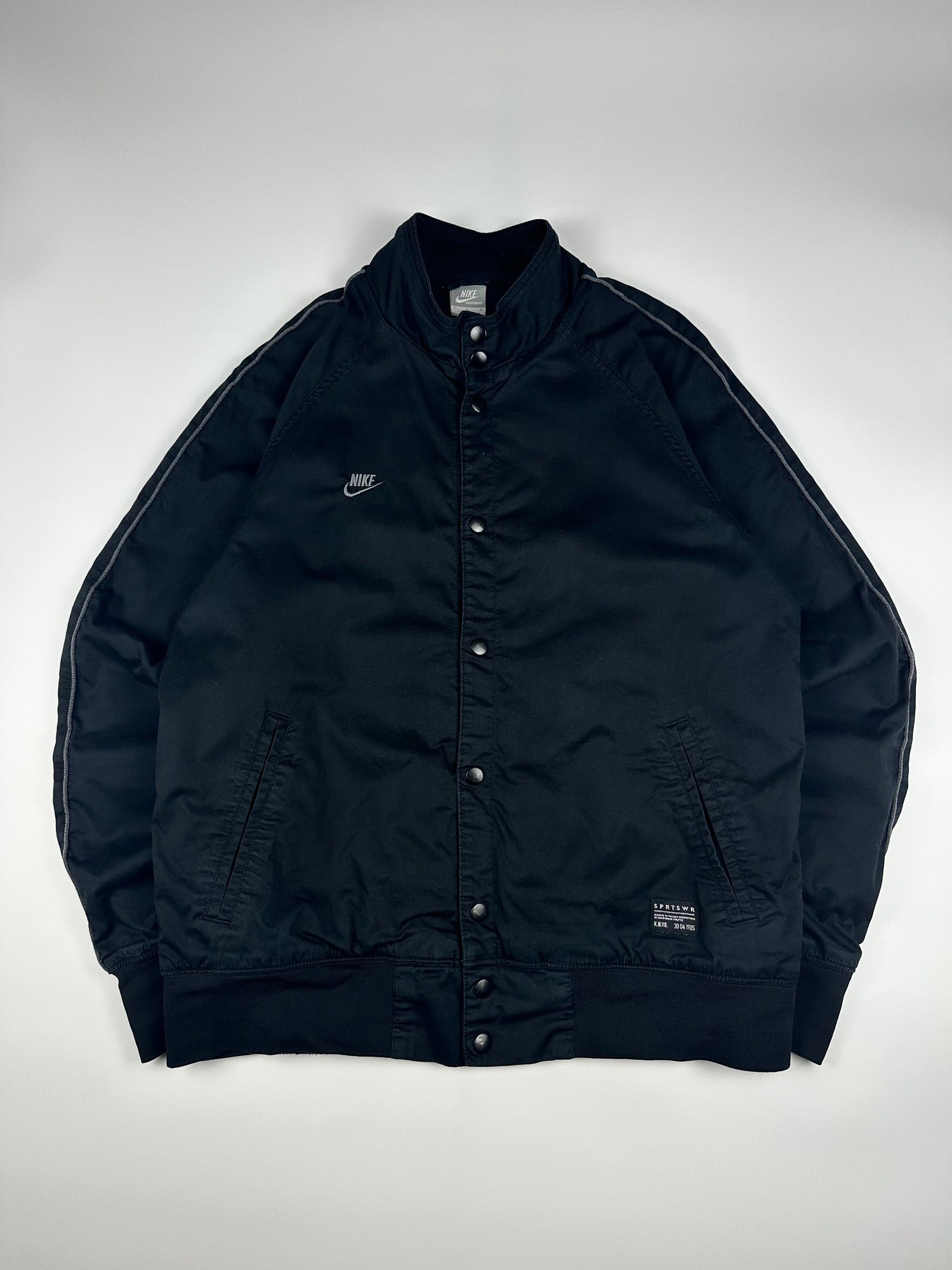 Vintage 00s Nike Embroidered Club Logo Snap Button Sleeve Piped Bomber Jacket (L)