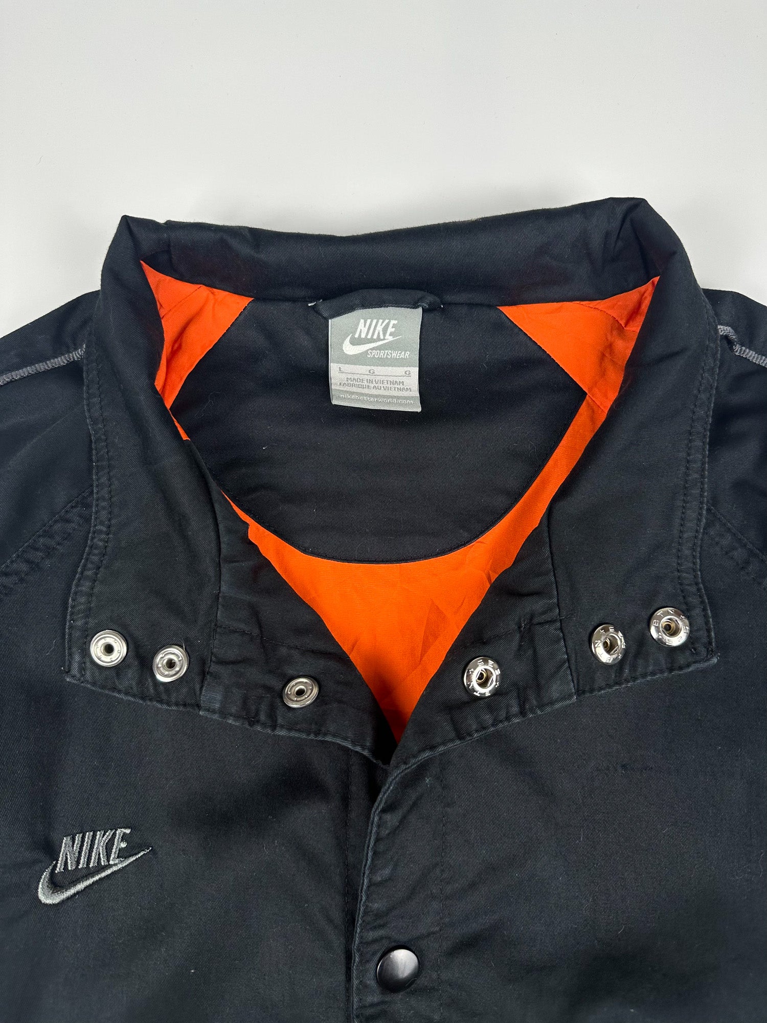 Vintage 00s Nike Embroidered Club Logo Snap Button Sleeve Piped Bomber Jacket (L)