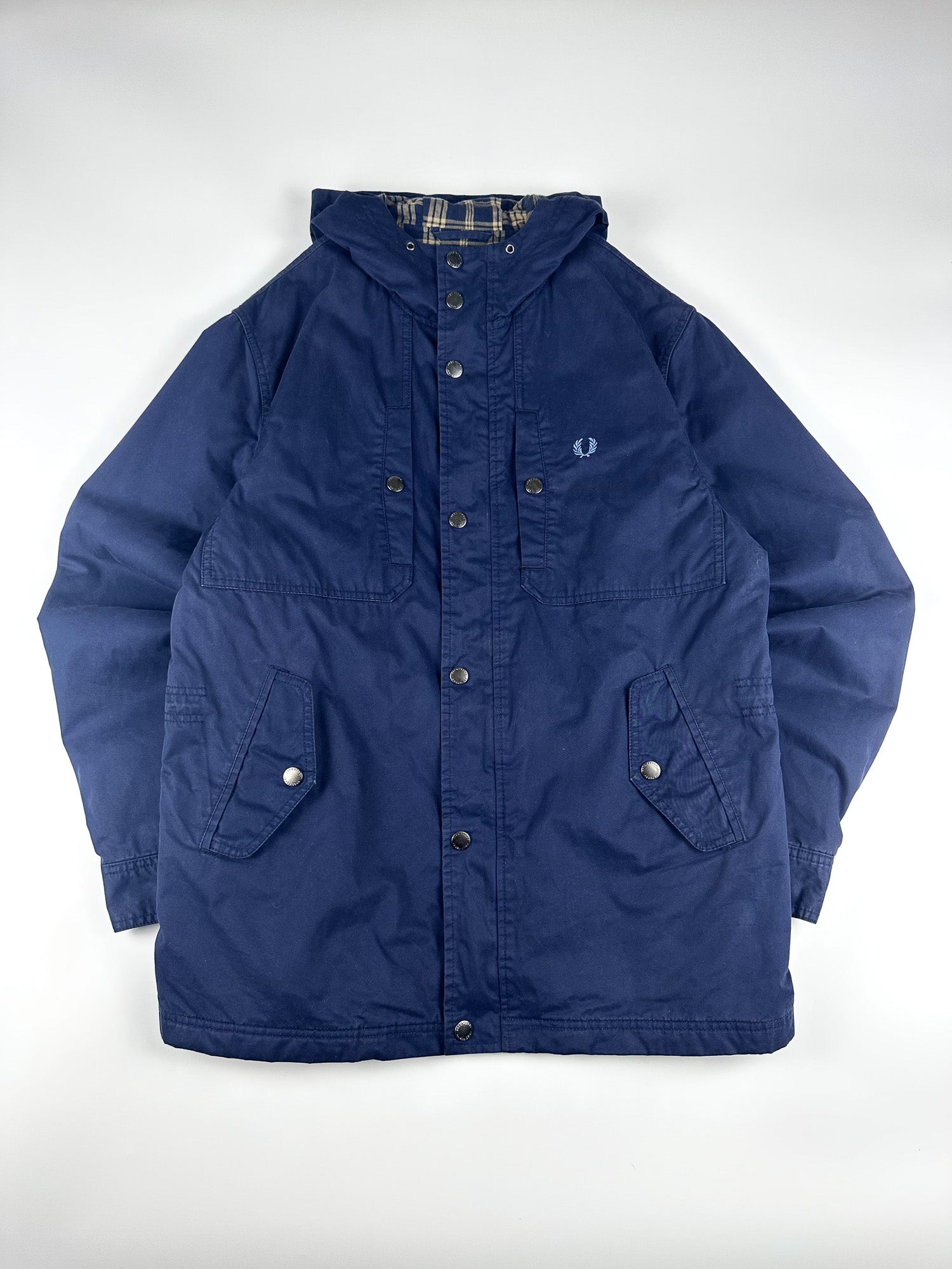 Preloved Fred Perry Tartan Lined Embroidered Crest Hooded Parka Jacket (M)