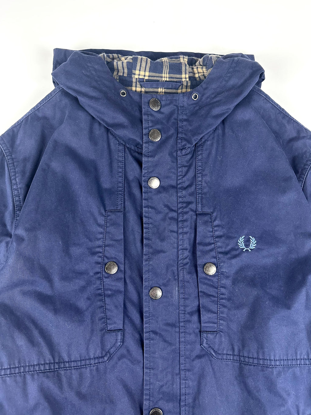 Preloved Fred Perry Tartan Lined Embroidered Crest Hooded Parka Jacket (M)