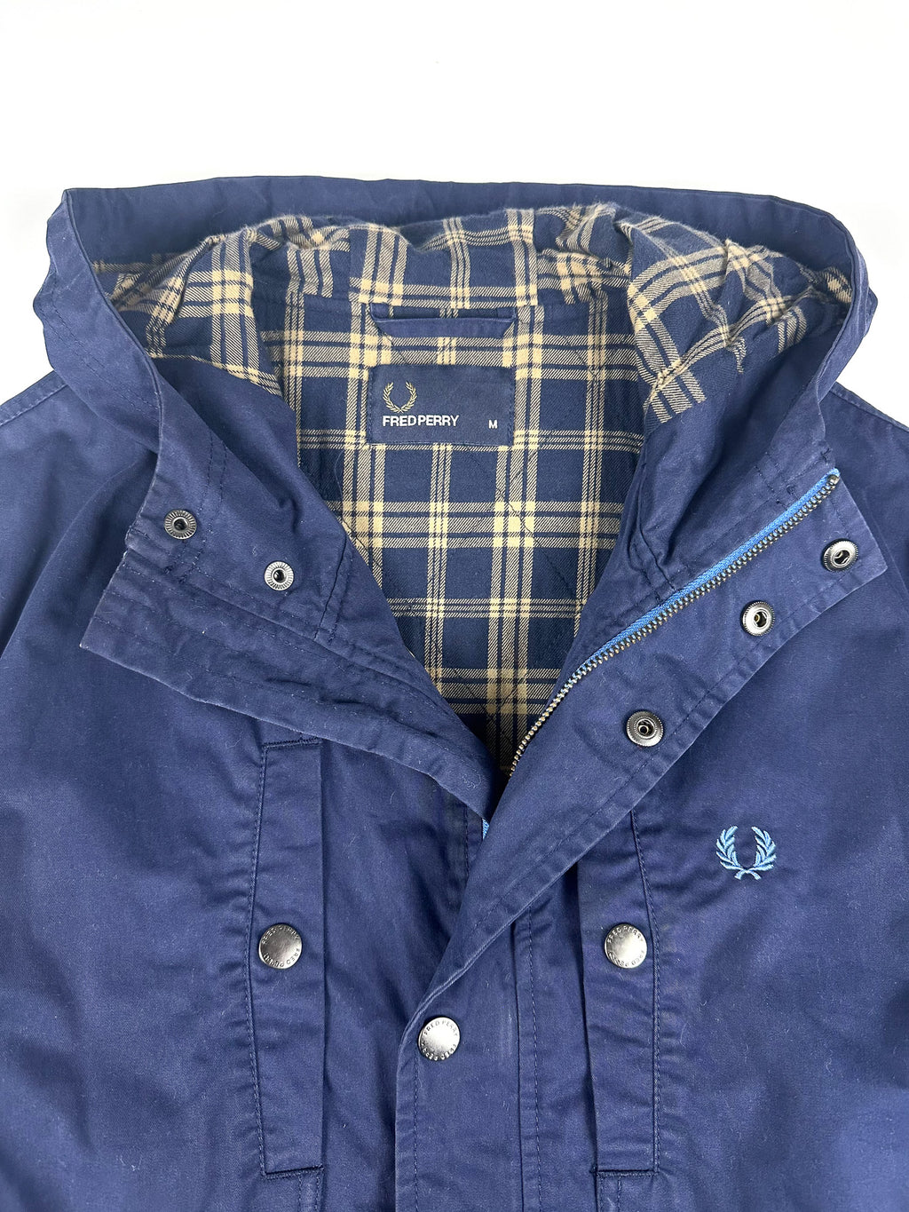 Preloved Fred Perry Tartan Lined Embroidered Crest Hooded Parka Jacket (M)