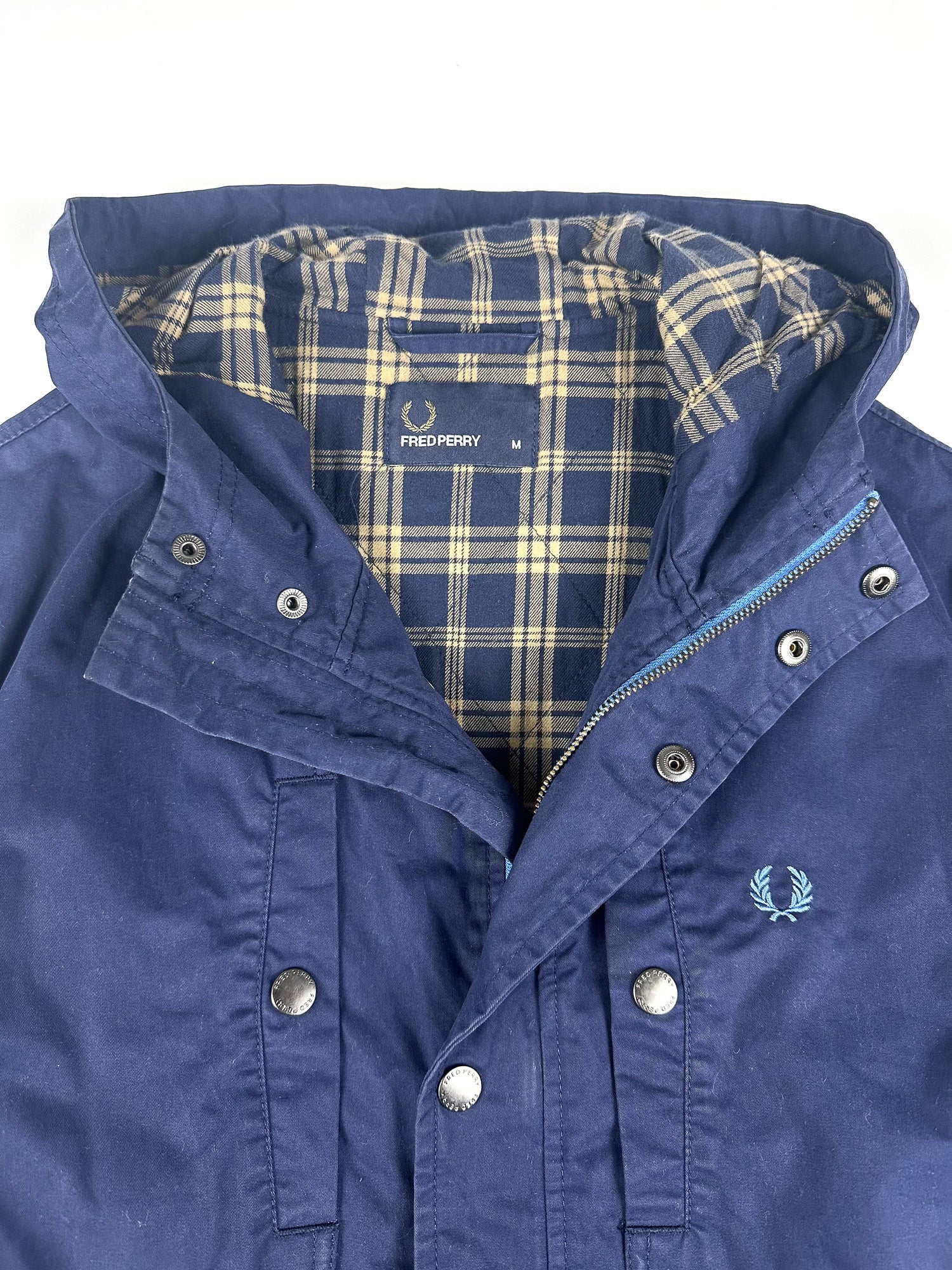 Preloved Fred Perry Tartan Lined Embroidered Crest Hooded Parka Jacket (M)