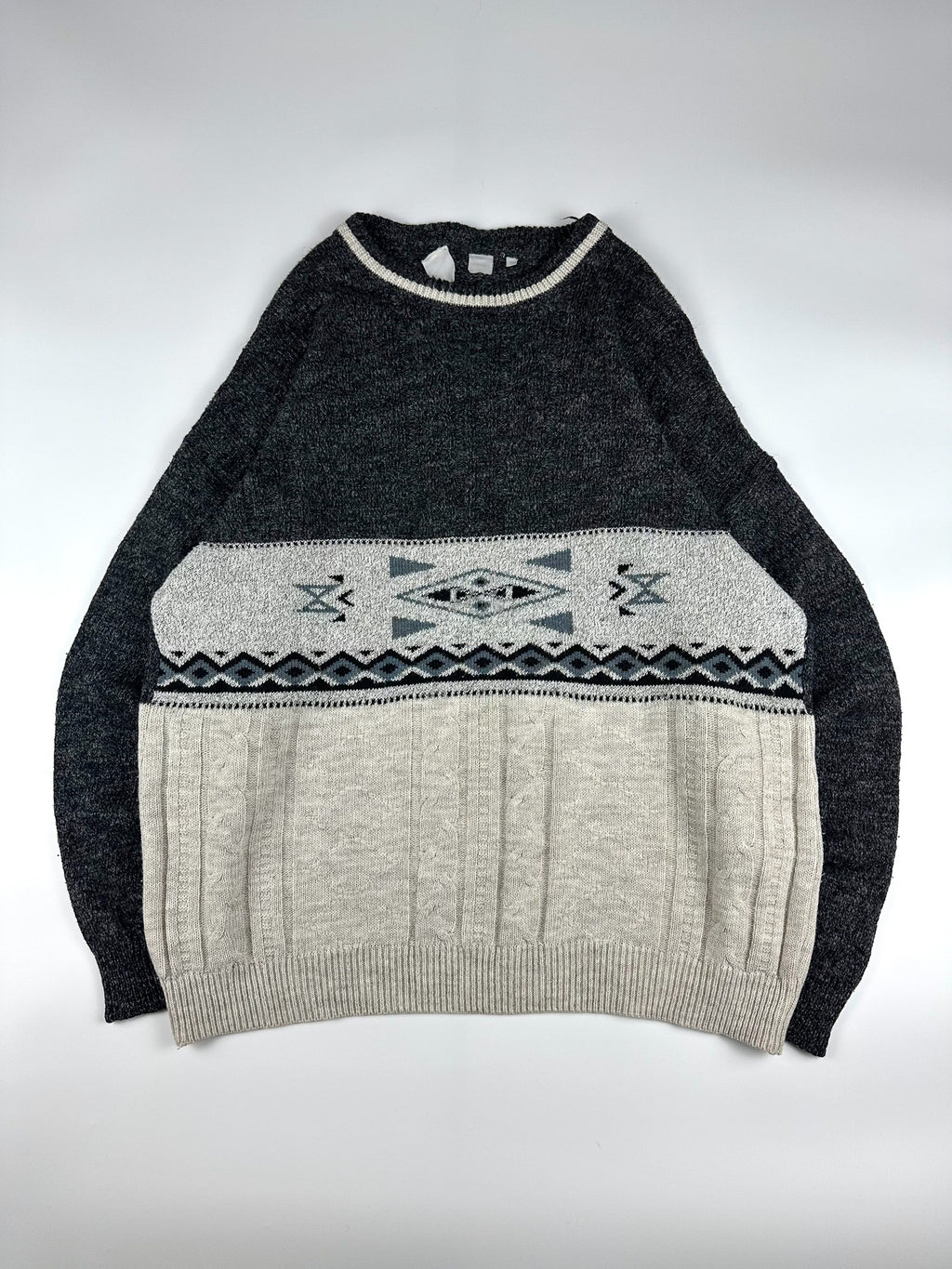 Vintage 90s Western Colour Block Aztec Print Knitted Round Neck Sweater (XL)