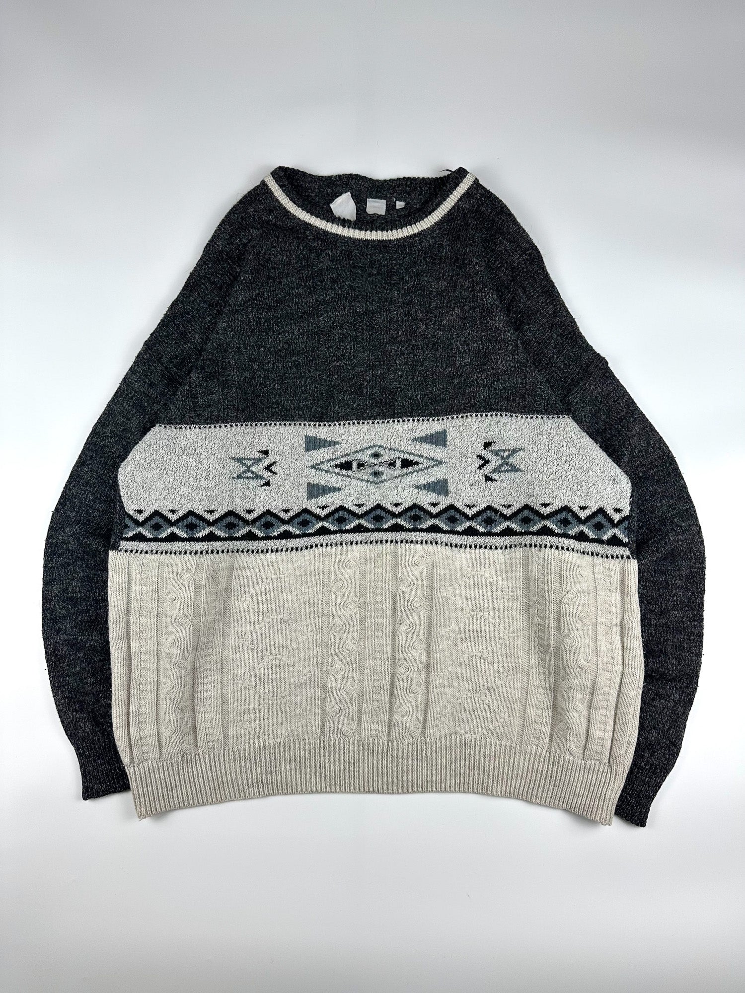 Vintage 90s Western Colour Block Aztec Print Knitted Round Neck Sweater (XL)