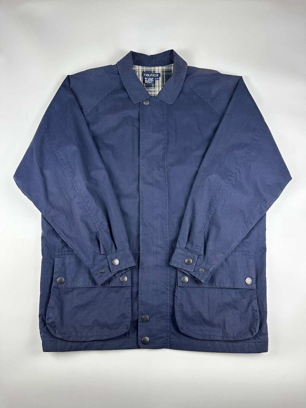 Vintage 90s Nautica Plaid Lined Heavyweight Utility Trench Parka Jacket (XL)
