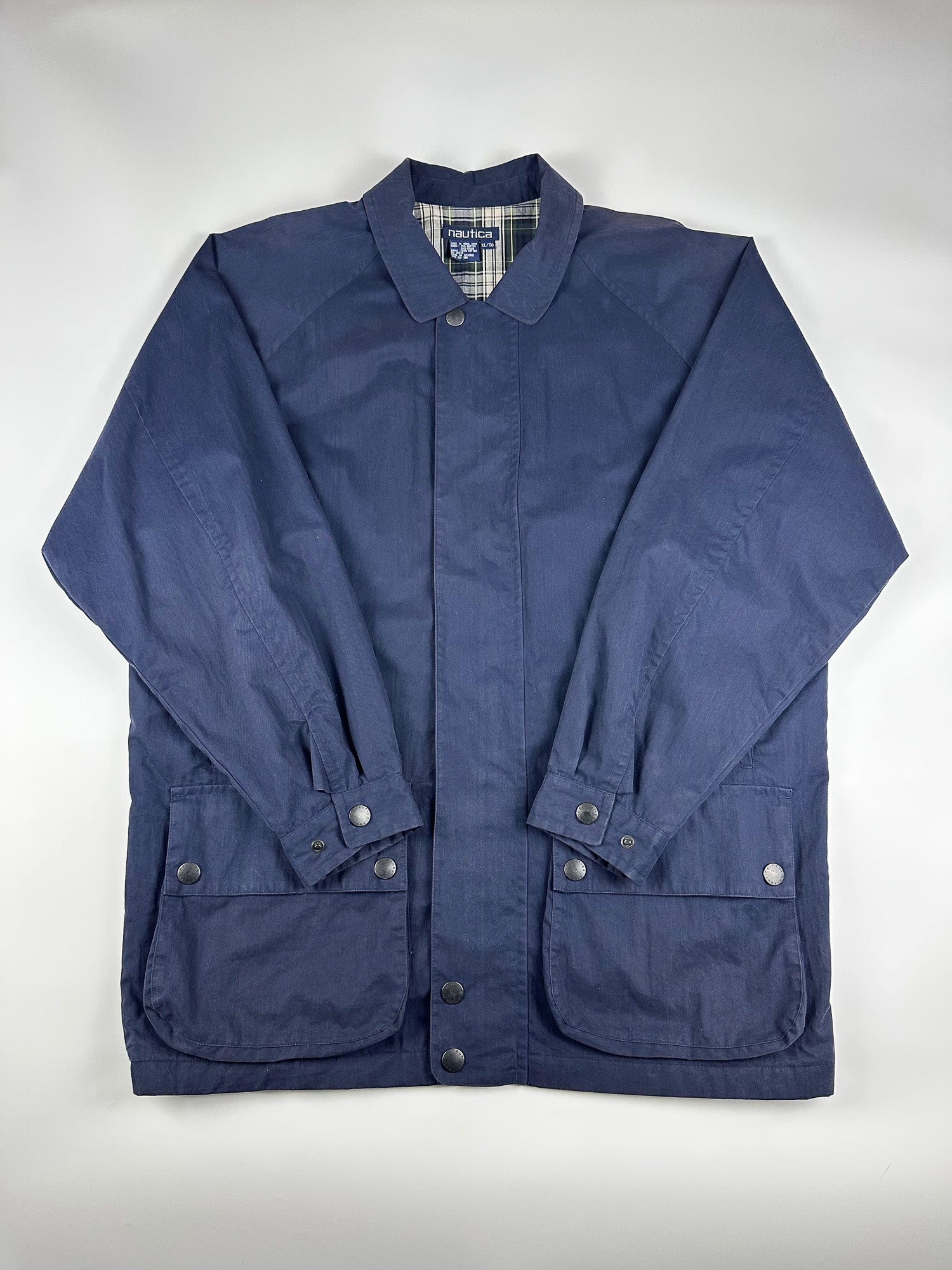 Vintage 90s Nautica Plaid Lined Heavyweight Utility Trench Parka Jacket (XL)