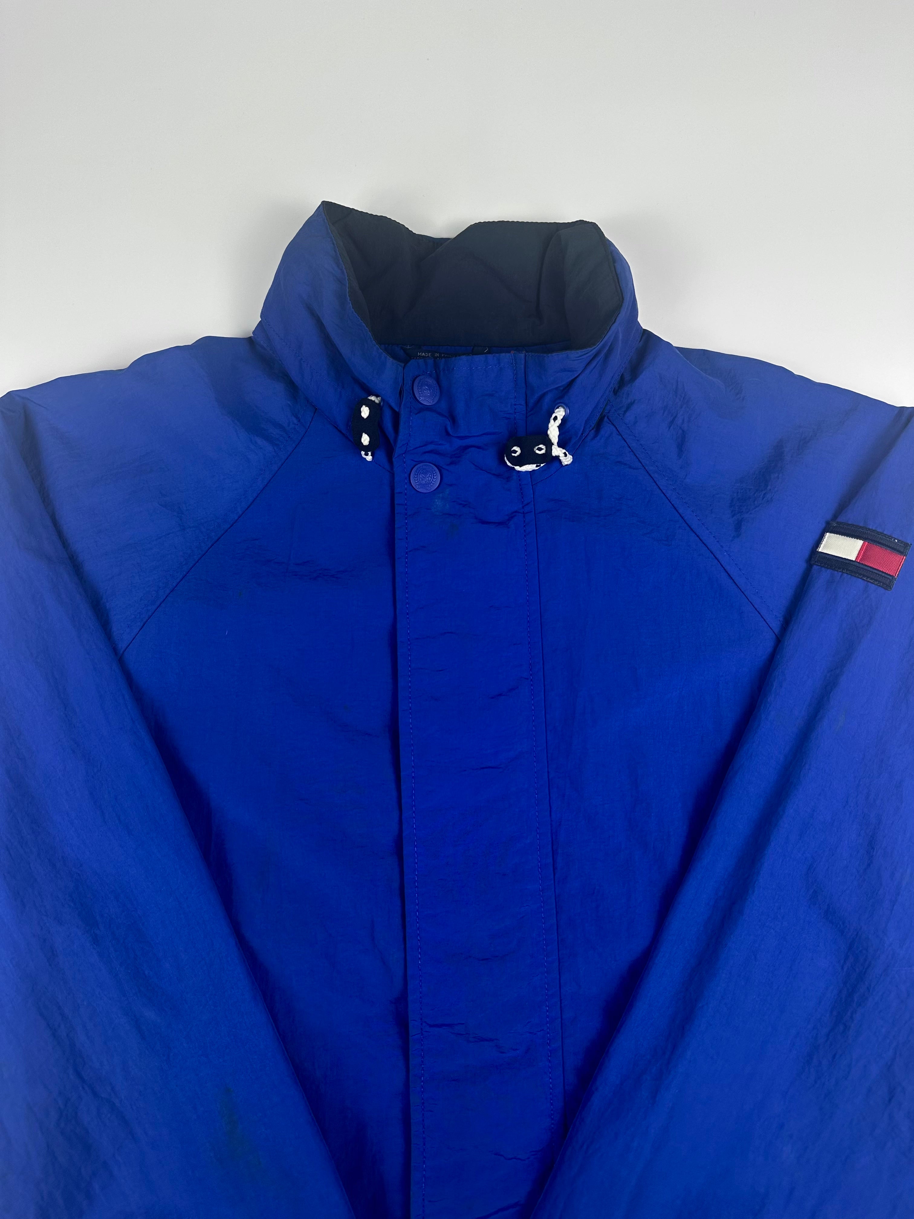 Vintage 90s Tommy Hilfiger Embroidered Collar Spellout Logo Windbreaker Jacket (L)