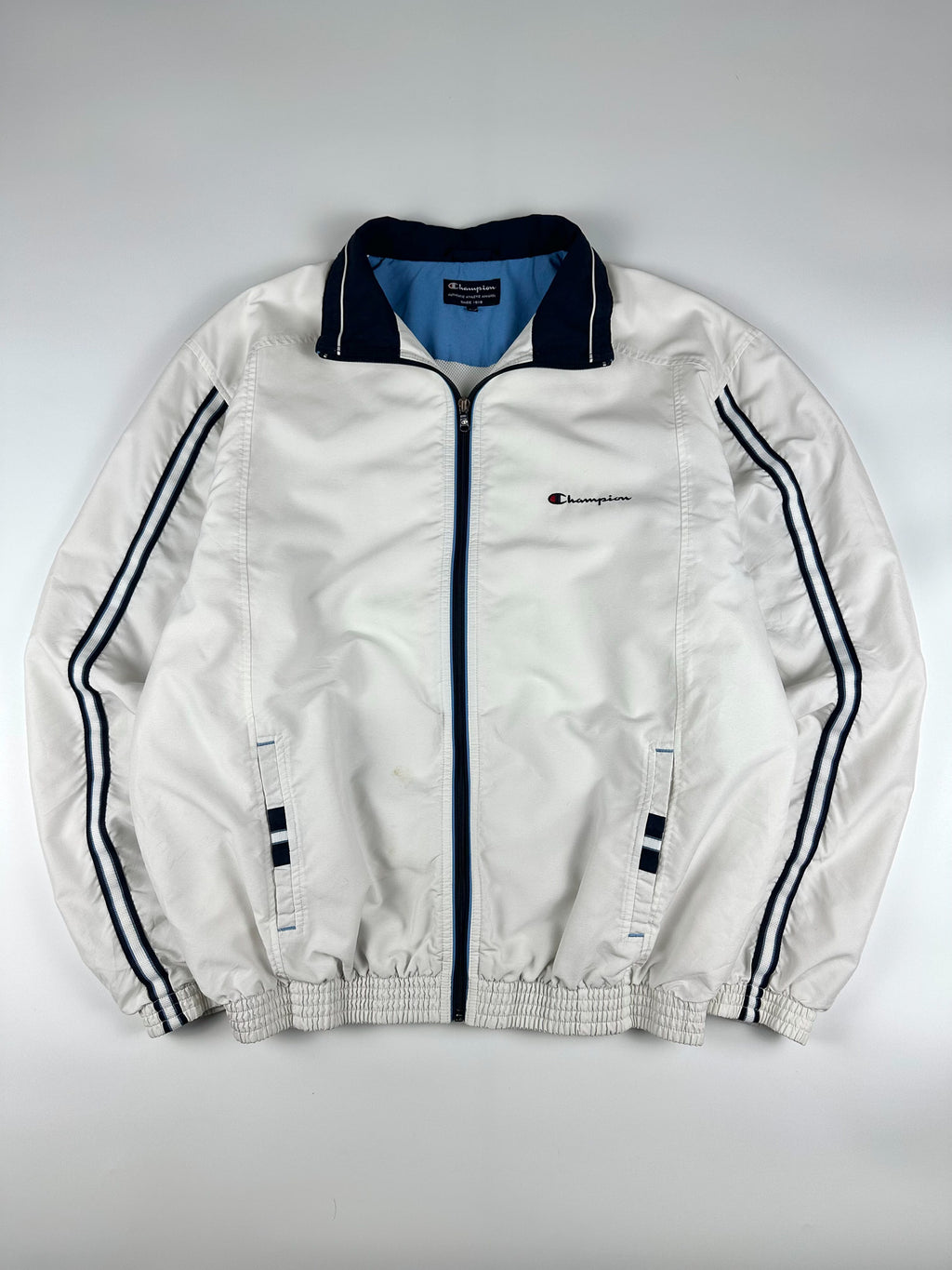 Vintage 00s Champion Embroidered Logo Tape Stripe Windbreaker Track Jacket (XL)