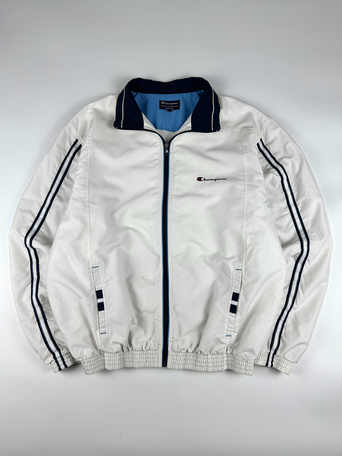 Vintage 00s Champion Embroidered Logo Tape Stripe Windbreaker Track Jacket (XL)