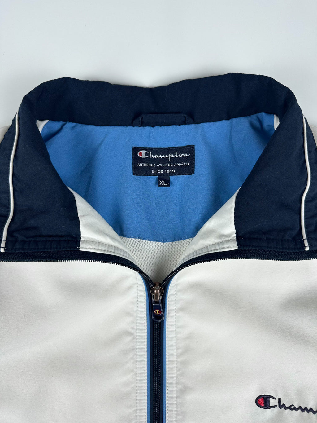 Vintage 00s Champion Embroidered Logo Tape Stripe Windbreaker Track Jacket (XL)