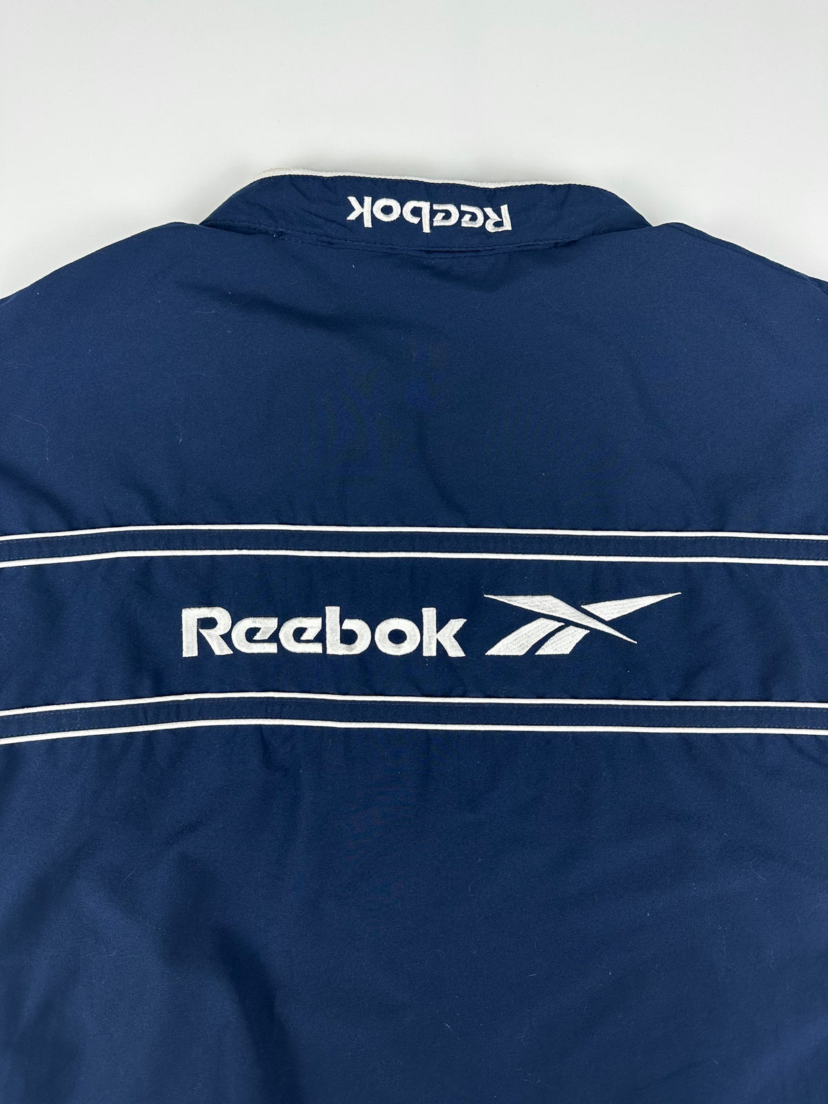 Vintage 90s Reebok Embroidered Logo Spellout Striped Windbreaker Jacket (XL)