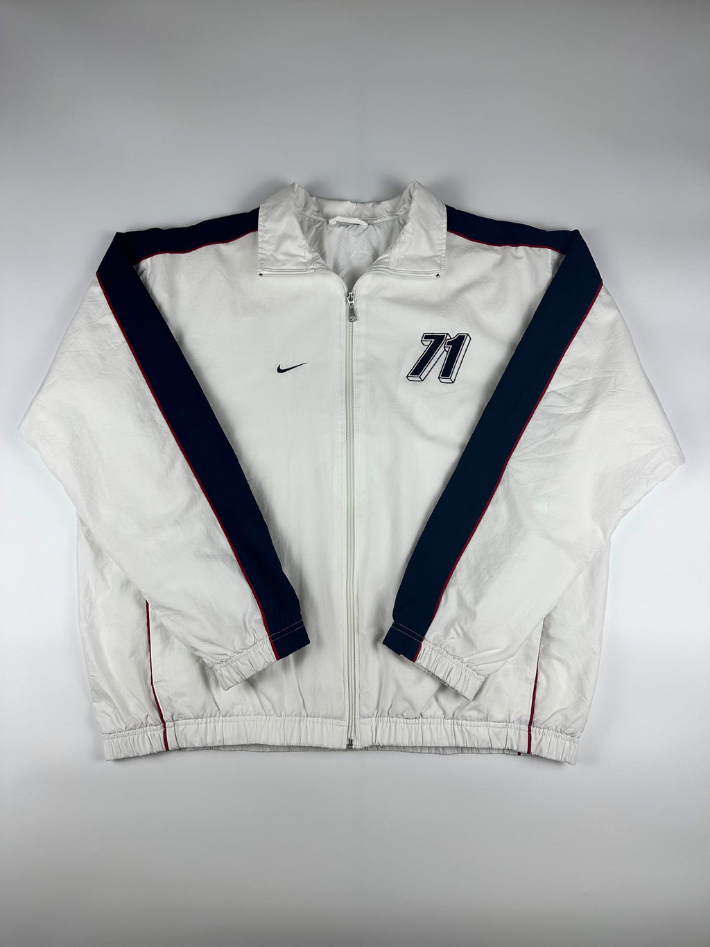 Vintage 00s Nike Embroidered Mini Swoosh Striped Windbreaker Jacket (XL)