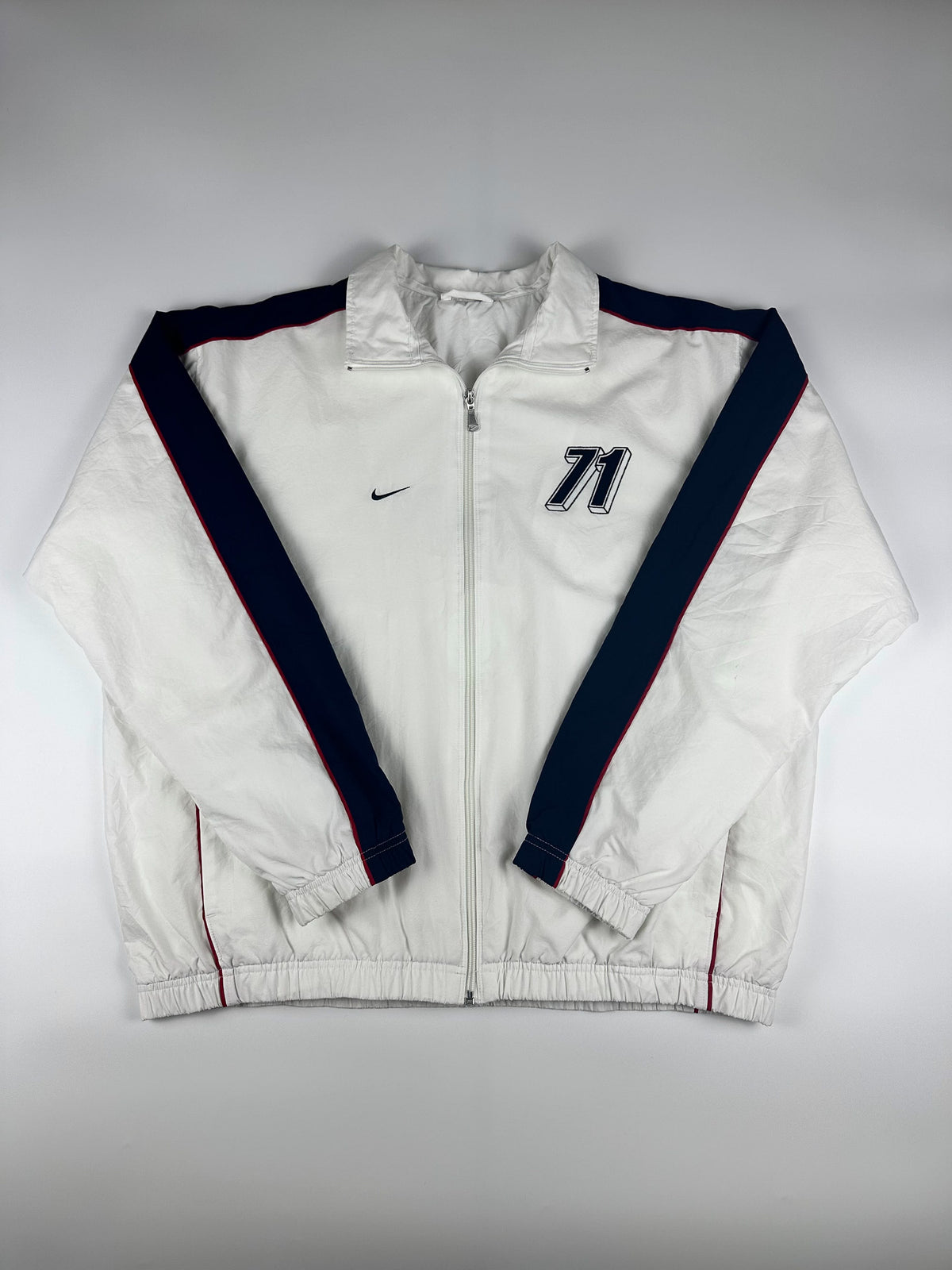 Vintage 00s Nike Embroidered Mini Swoosh Striped Windbreaker Jacket (XL)