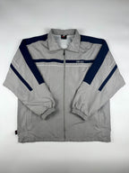 Vintage 90s Nike Embroidered Swoosh Logo Spellout Striped Windbreaker Jacket (XL)