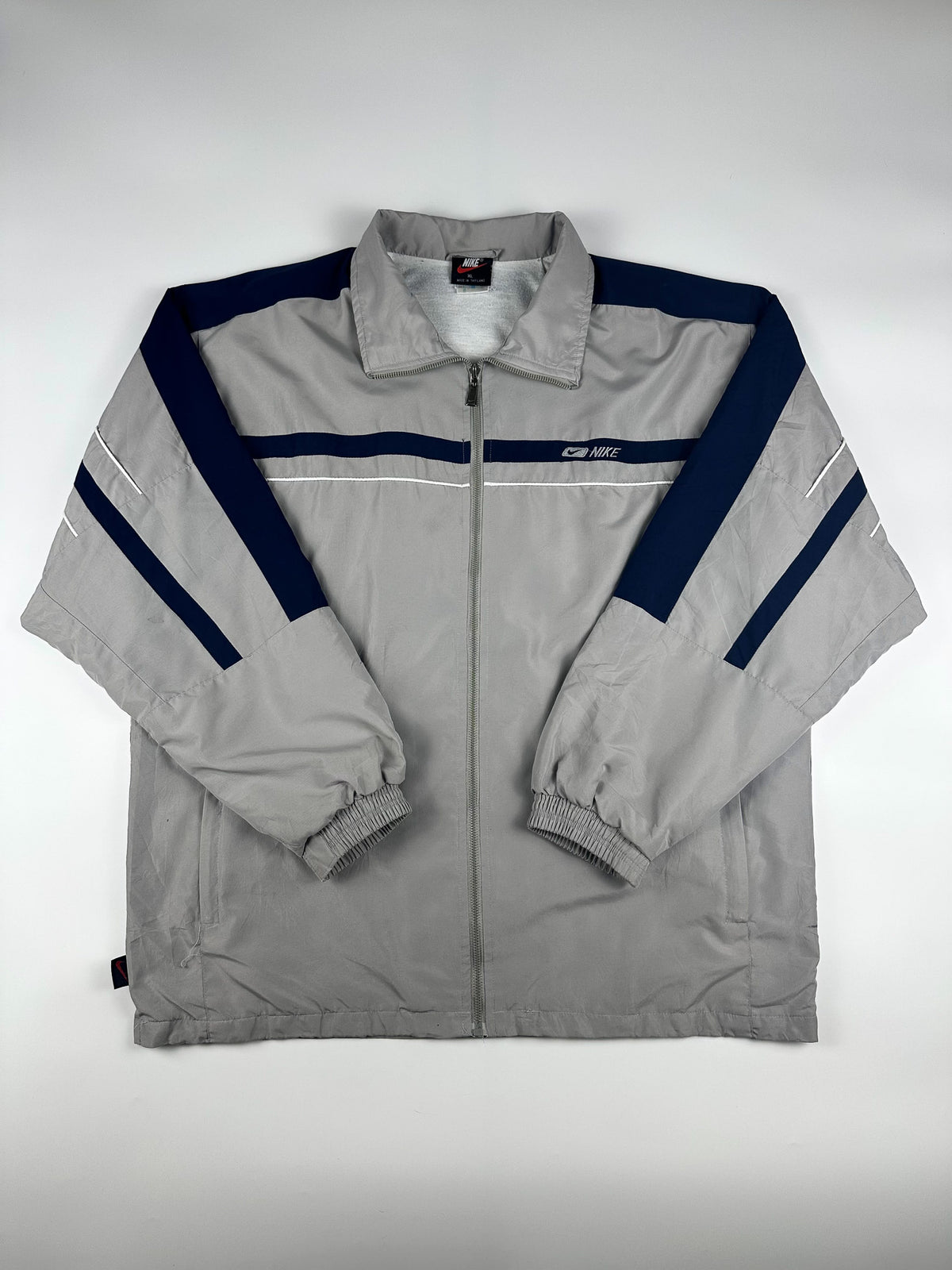 Vintage 90s Nike Embroidered Swoosh Logo Spellout Striped Windbreaker Jacket (XL)