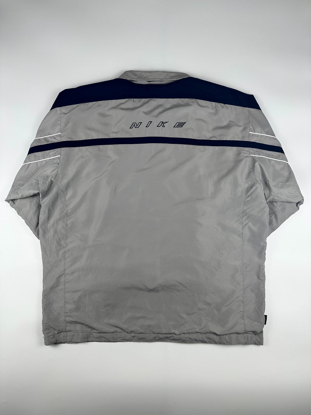 Vintage 90s Nike Embroidered Swoosh Logo Spellout Striped Windbreaker Jacket (XL)