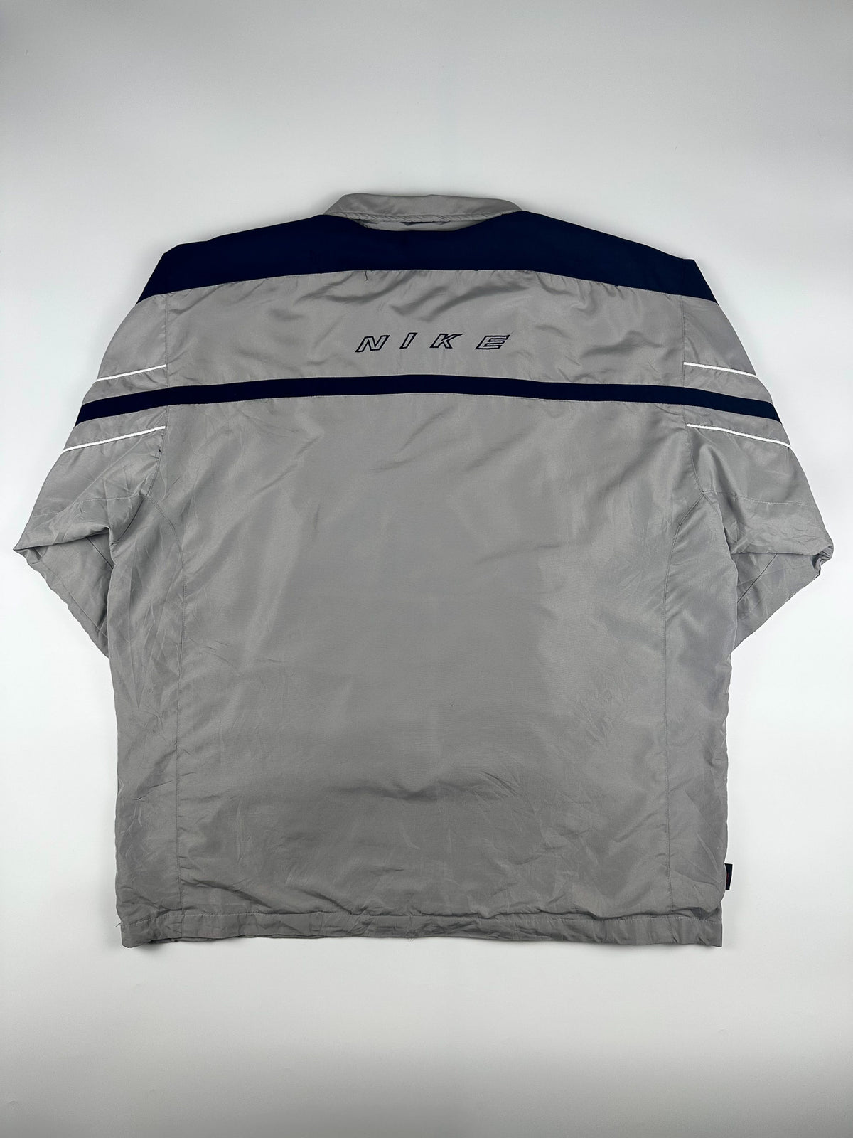 Vintage 90s Nike Embroidered Swoosh Logo Spellout Striped Windbreaker Jacket (XL)