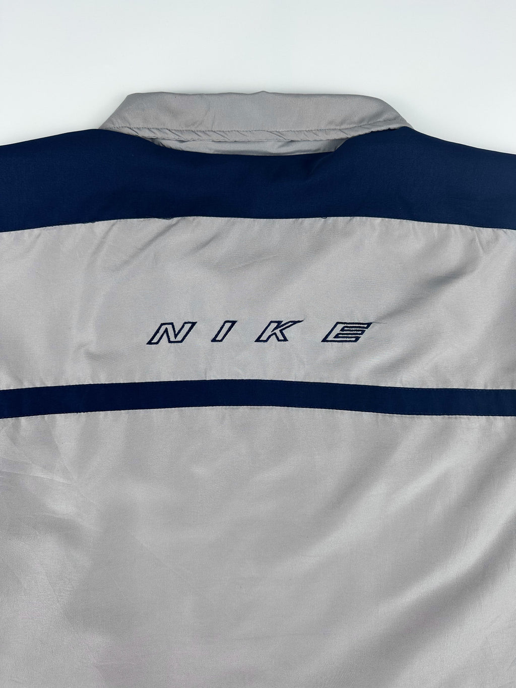 Vintage 90s Nike Embroidered Swoosh Logo Spellout Striped Windbreaker Jacket (XL)