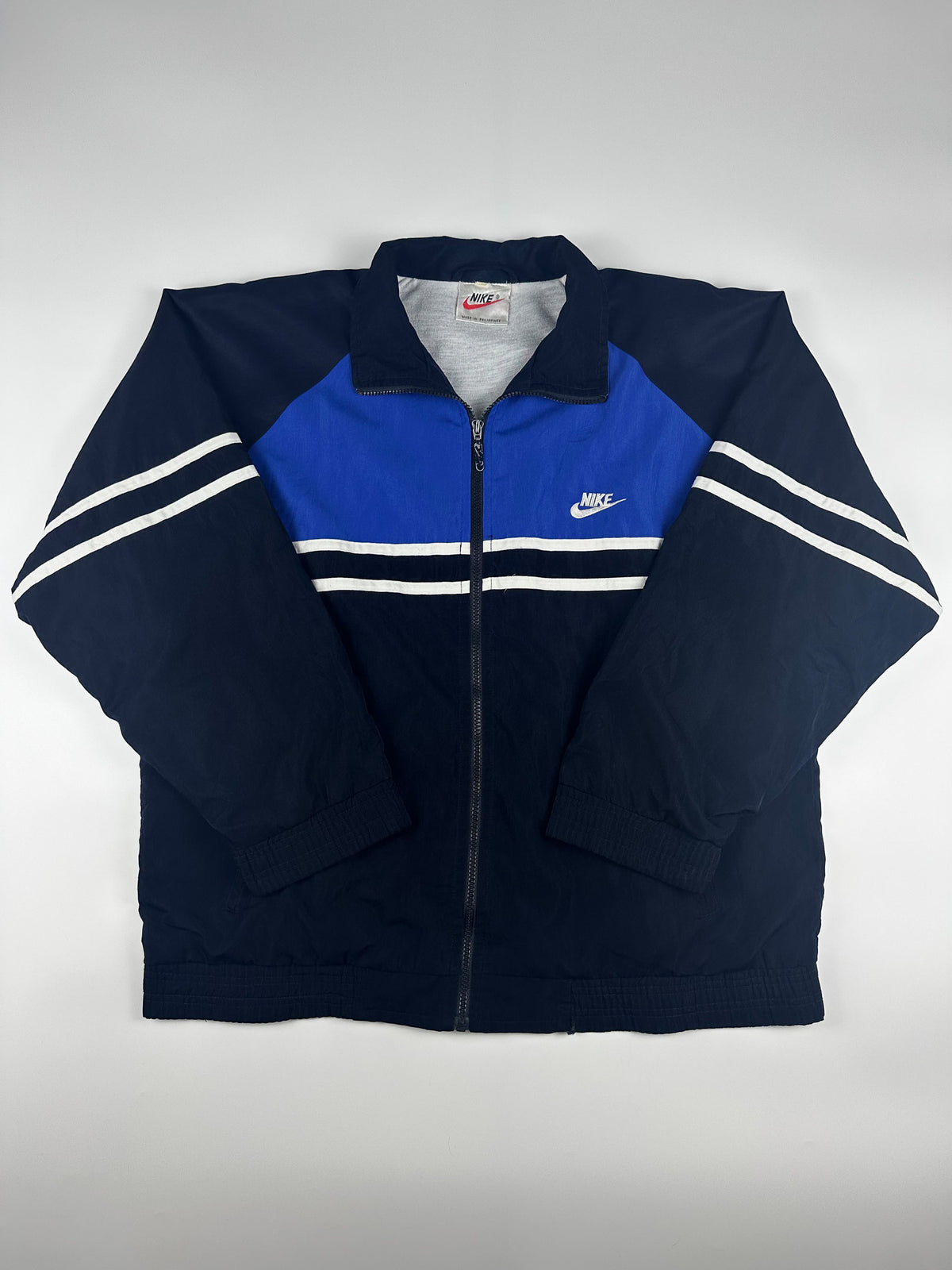Vintage 90s Nike Embroidered Club Logo Big Swoosh Striped Windbreaker Jacket (L)
