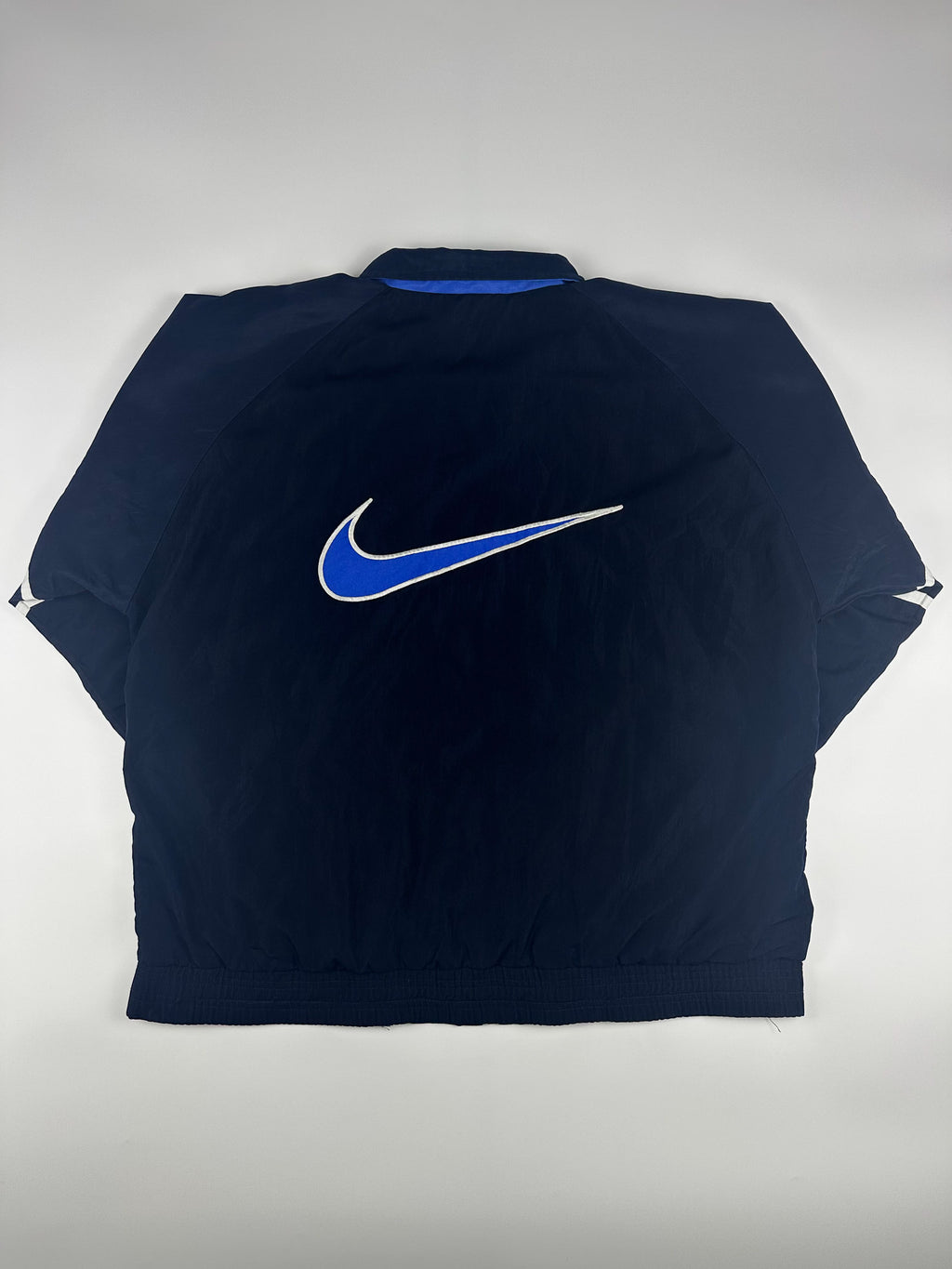 Vintage 90s Nike Embroidered Club Logo Big Swoosh Striped Windbreaker Jacket (L)