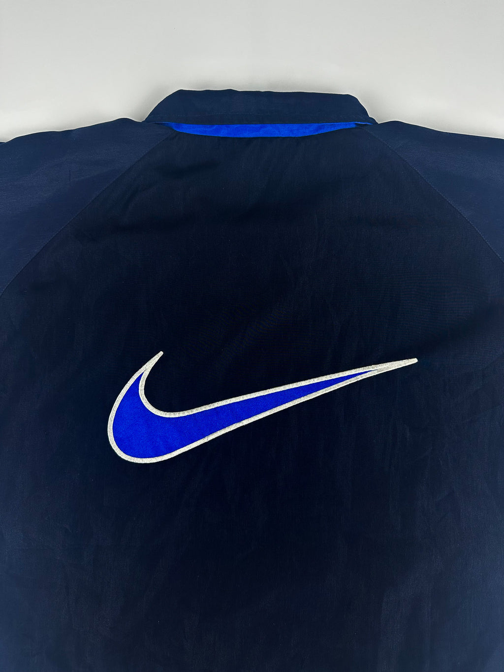 Vintage 90s Nike Embroidered Club Logo Big Swoosh Striped Windbreaker Jacket (L)