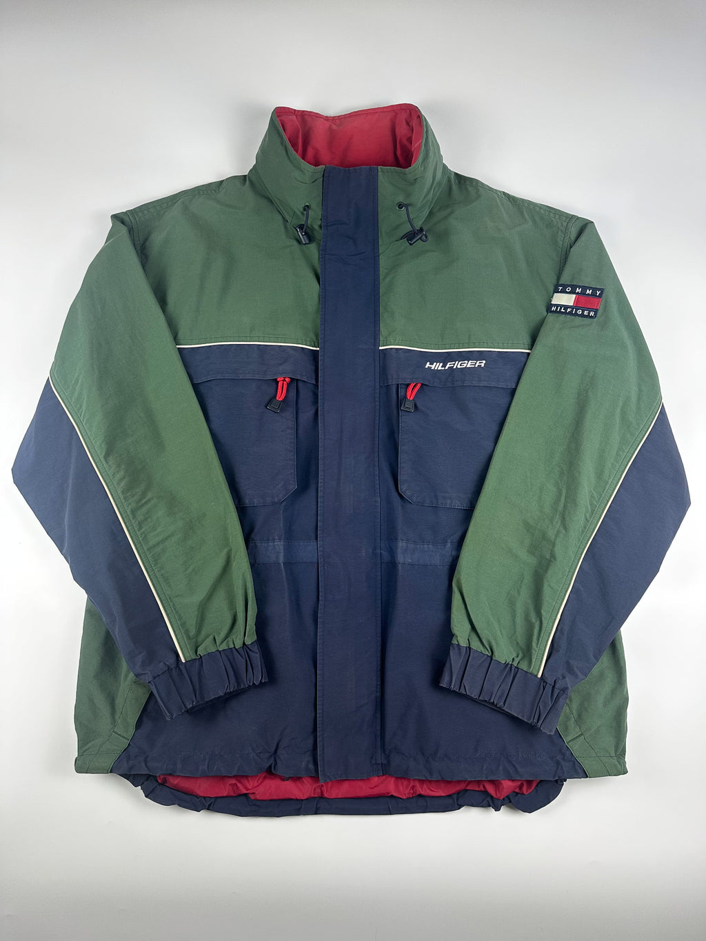 Vintage 90s Tommy Hilfiger Colour Block Packable Hood Heavy Sailing Parka Jacket (XL)