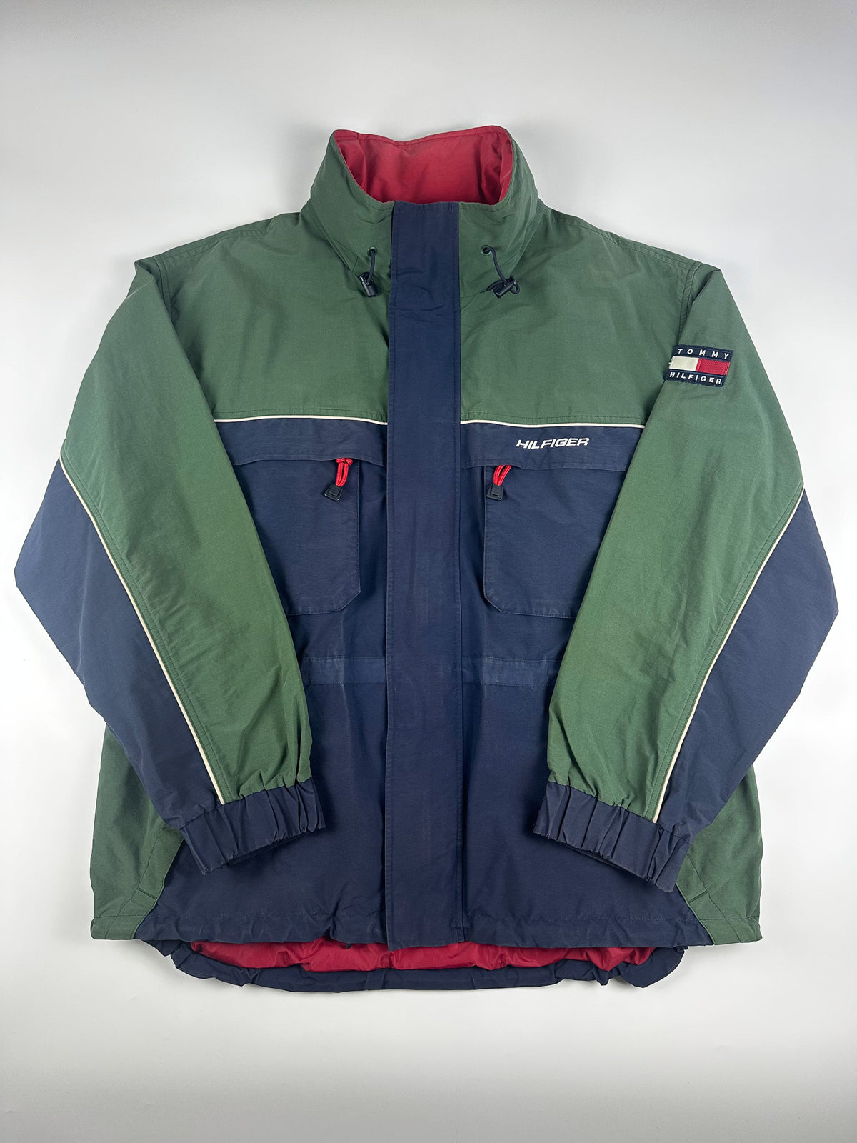 Vintage 90s Tommy Hilfiger Colour Block Packable Hood Heavy Sailing Parka Jacket (XL)