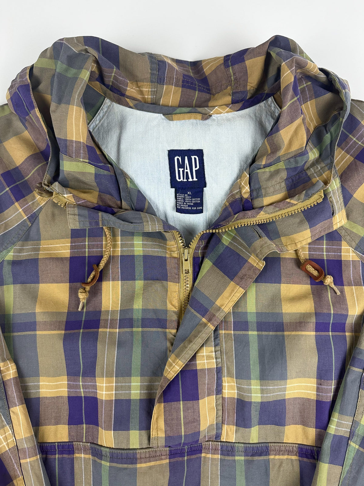 Vintage 90s GAP Plaid Toggle Hooded Half Zip Anorak Pullover Parka Jacket (XL)